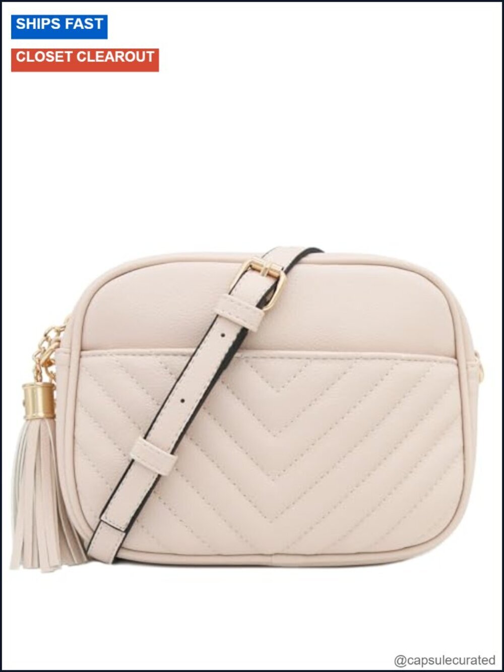 Chevron Quilted Crossbody Camera Bag with Chain Strap and Tassel